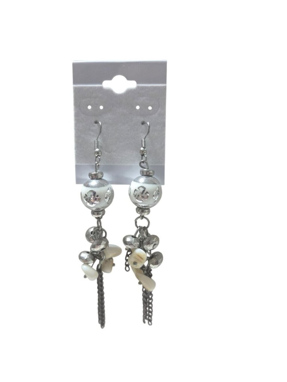 Beachy Beaded Earrings Silver White Dangle Chain Tassels Shell Accents Coastal